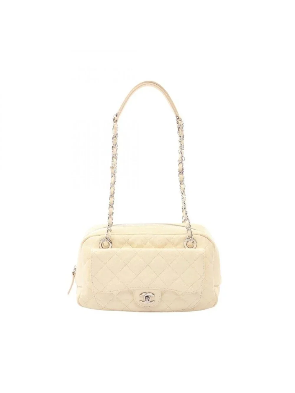 Chanel Shoulder Bag Quilted Cream Caviar Leather Chain